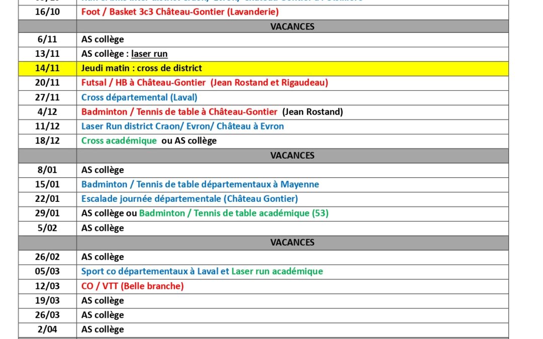 Calendrier AS / UNSS 2024-2025